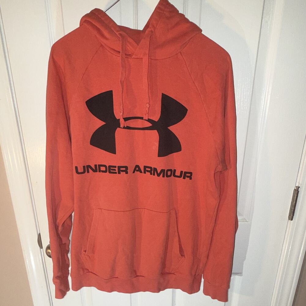 Under Armour Orange Pullover Fleece Hoodie Logo Drawstring Pockets Men's M